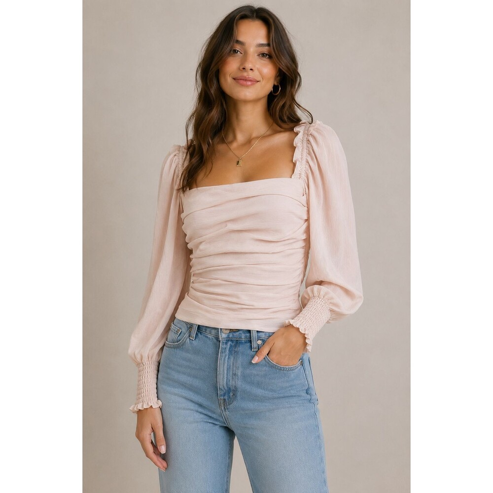 ASTR Blush Pink Ruched Square Neck Puff Sleeve Top Romantic Cottagecore Blouse